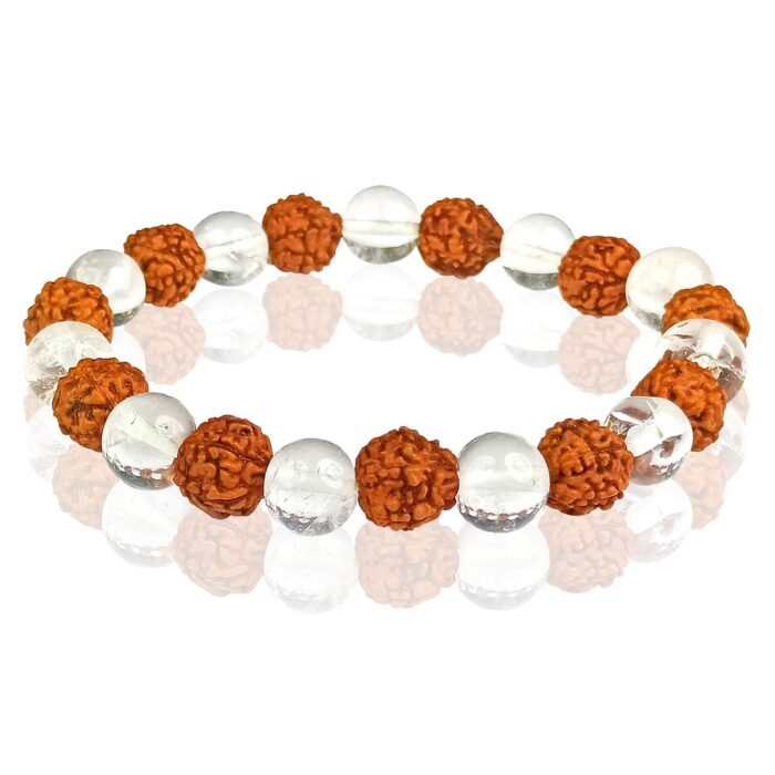 Rudraksha with Clear Quartz Natural Healing Crystal Bracelet - 8mm Round Beads - Beaded Bracelet