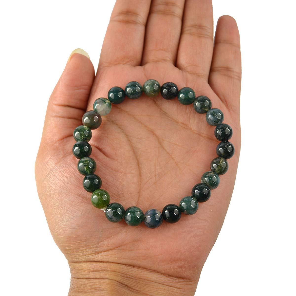    Moss Agate Natural Healing Crystal Bracelet - 8mm Round Beads - Beaded Bracelet