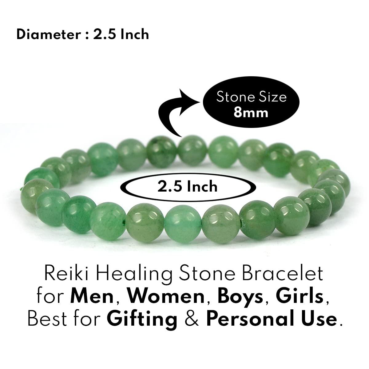 Green Jade Healing Crystal Bracelet - 8mm Round Beads - Beaded Bracelet