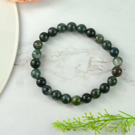    Moss Agate Natural Healing Crystal Bracelet - 8mm Round Beads - Beaded Bracelet