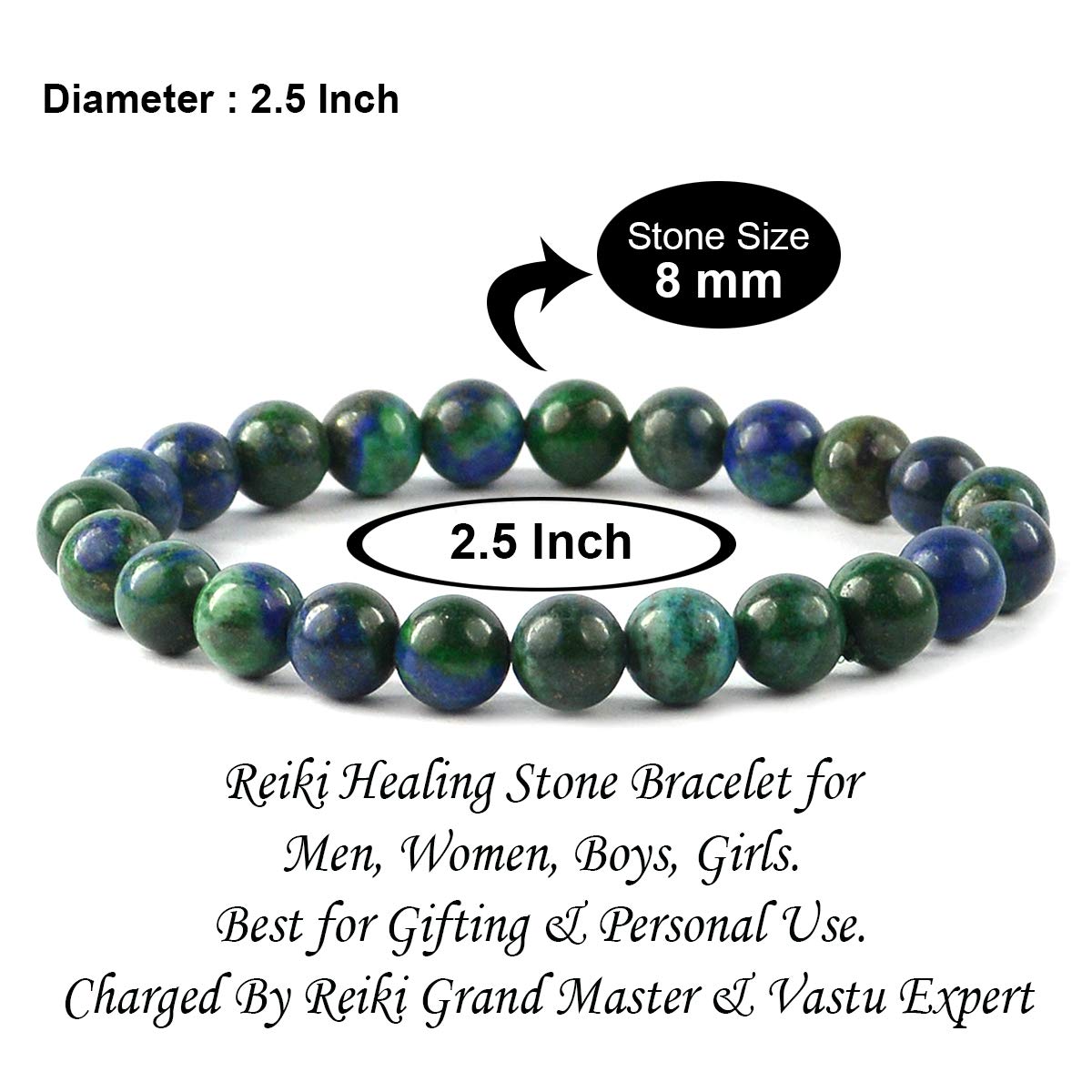 Azurite Natural Healing Crystal Bracelet - 8mm Round Beads - Beaded Bracelet