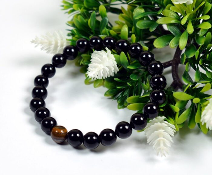 Black Tourmaline with Tiger Eye Natural Healing Crystal Bracelet - 8mm Round Beads - Beaded Bracelet