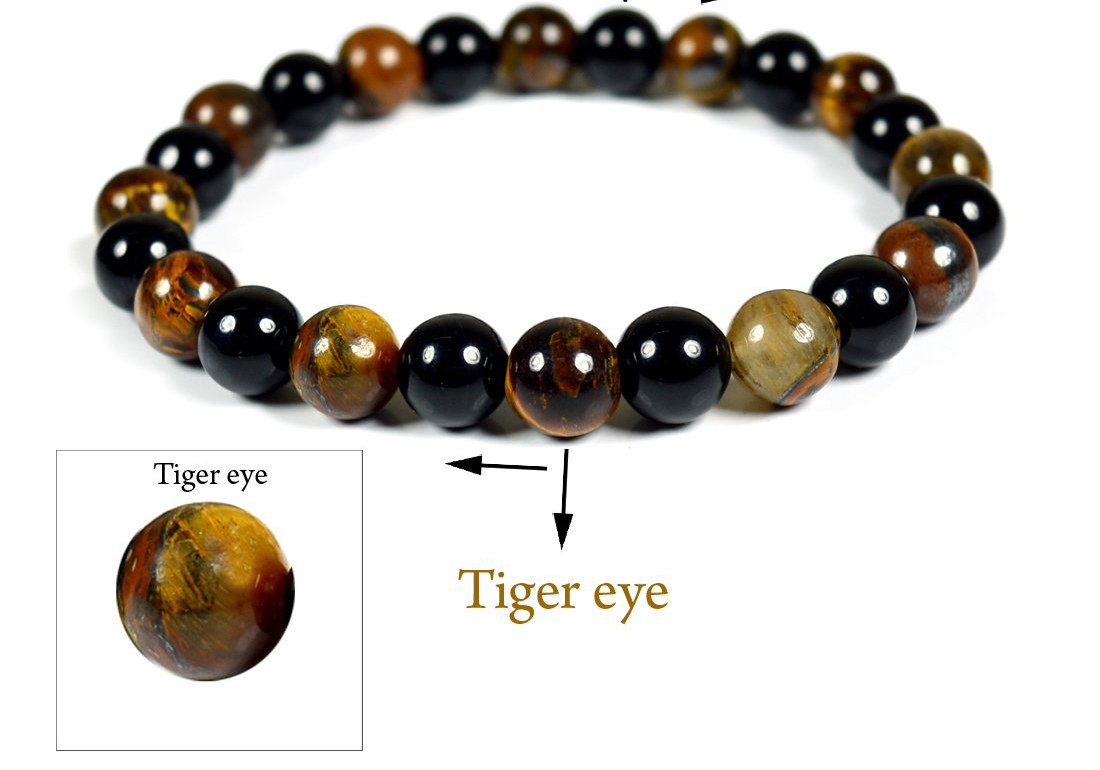 Tiger Eye with Tourmaline Natural Healing Crystal Bracelet - 8mm Round Beads - Beaded Bracelet