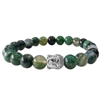 Bluequeen Moss Agate Elastic 8mm Stretch Stone Yoga and Meditation Buddha Bracelet for Men and Women