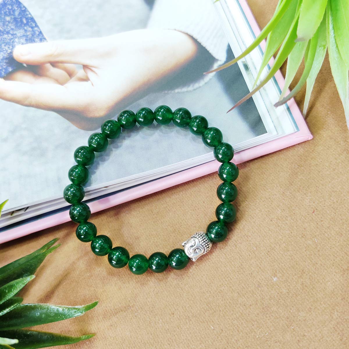 Bluequeen Green Jade Crystal Elastic 8mm Stretch Crystal Yoga,Meditation Buddha Bracelet