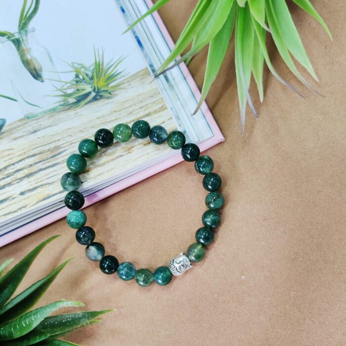 Bluequeen Moss Agate Elastic 8mm Stretch Stone Yoga and Meditation Buddha Bracelet for Men and Women