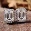 Emerald Step Cut Garnet & Halo Stud Earrings 925 Silver Earrings